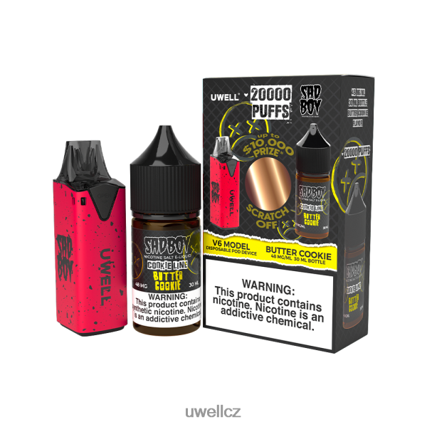 UWELL Praha - UWELL V6 jednorázový přístroj + tatínkova pára 30ml džus - collab svazek 6HT2F2212 clr: červená/flv: máslová sušenka 48 mg
